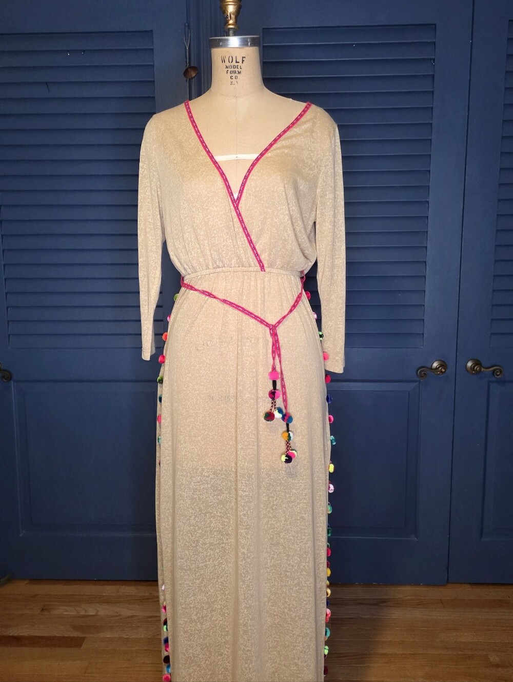 Pitusa Cream Maxi Wrap Dress with Pink Trim and Multicolor Pom-Pom Detail